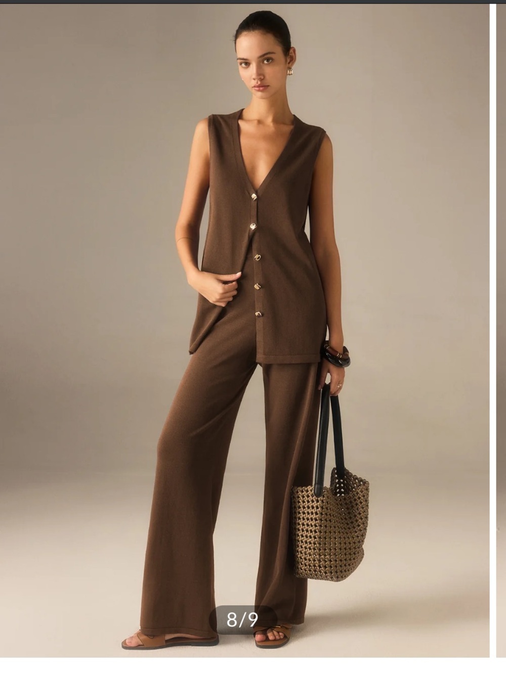 BNWT Commense Golden Button Knit Vest Pants Set - Dark Brown Size M